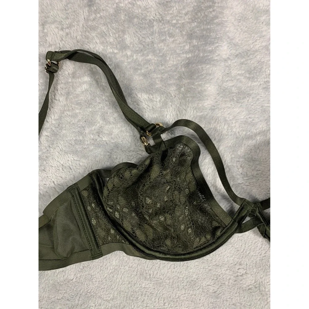 Victoria's Secret Unlined Plunge Bra 34D Olive Green Lace Gold Hardware